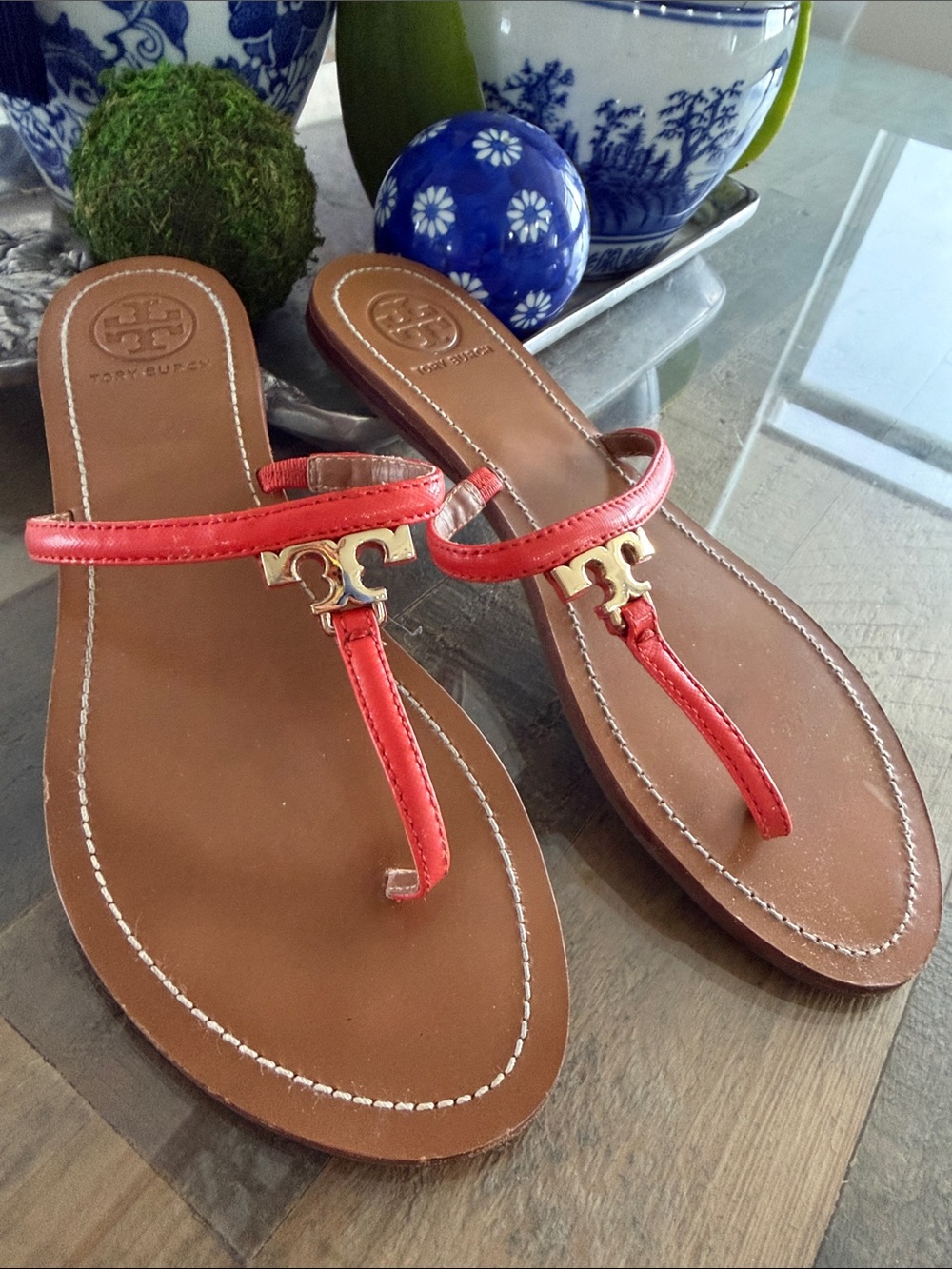 Tory Burch Red Leather T-Strap Logo Thong Sandals